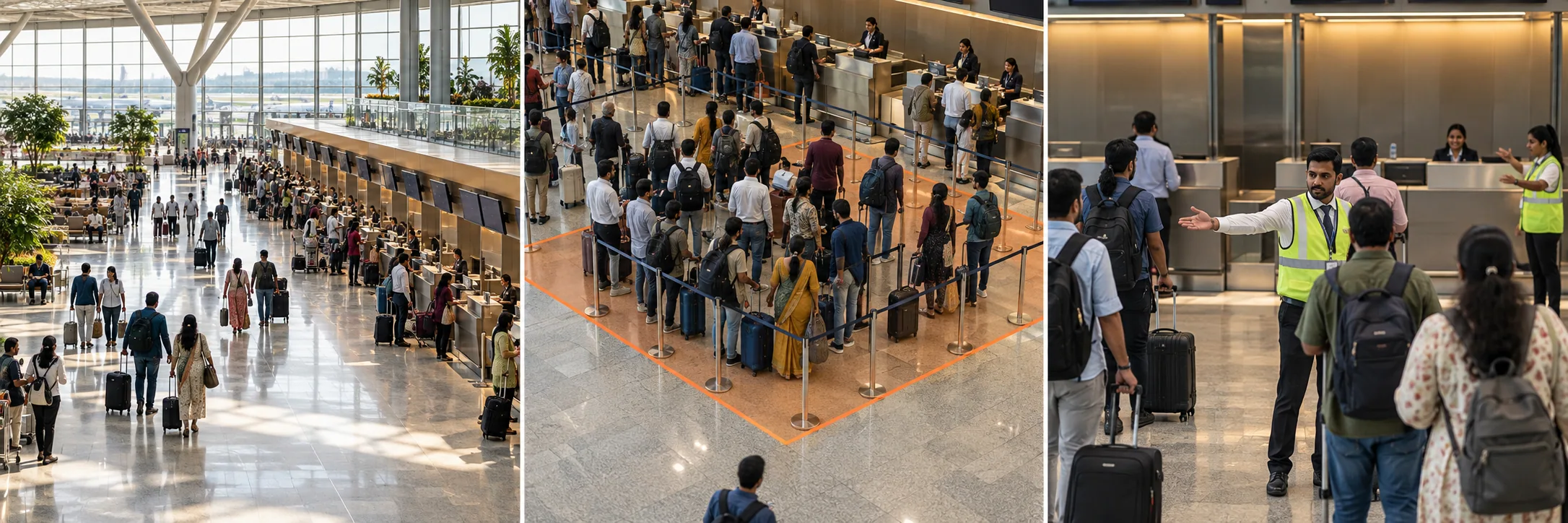 An airport public check-in concourse with passengers, luggage and a high camera.