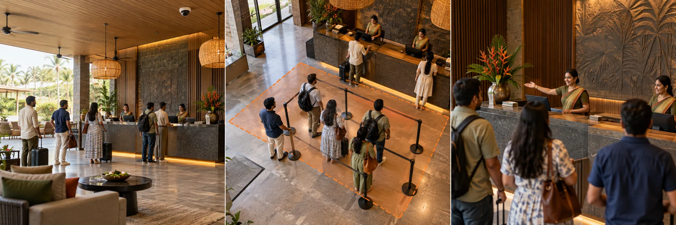 A resort lobby with arriving guests, a reception desk and a ceiling camera.