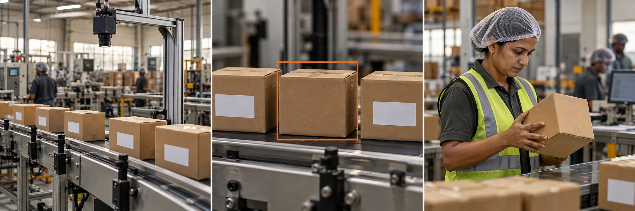 A camera above a factory conveyor carrying labelled cartons.