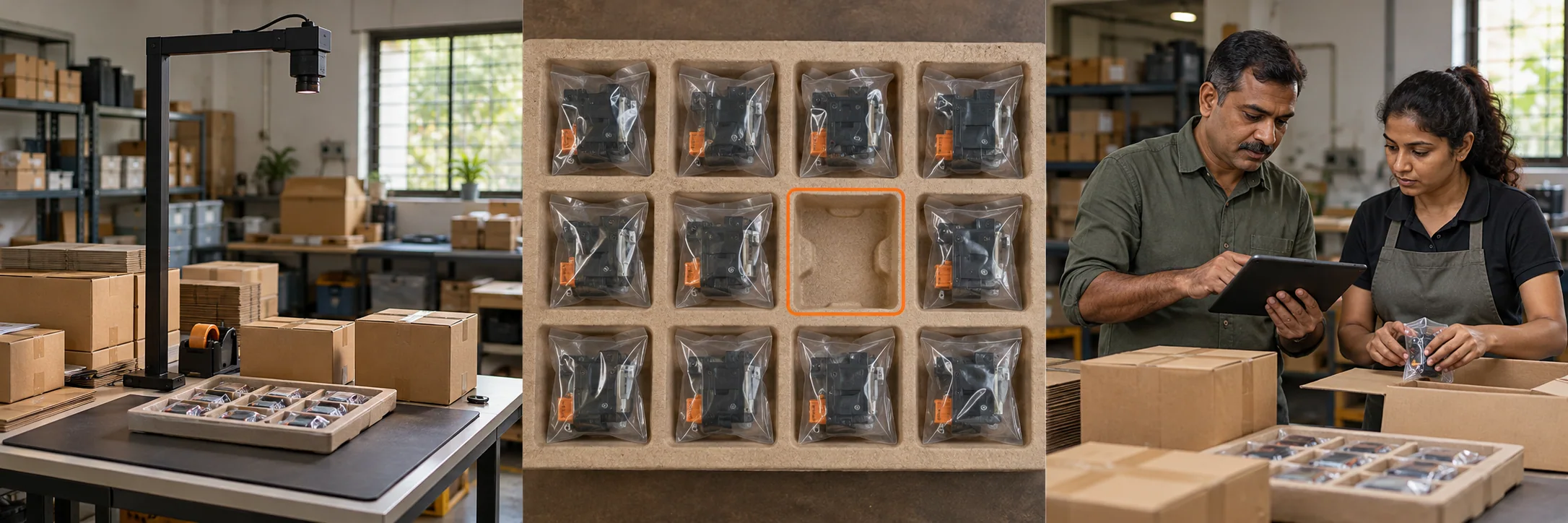 An organised MSME packing bench with cartons and an overhead camera.