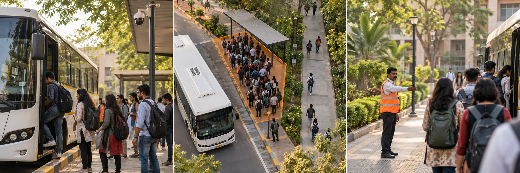 A college bus at a marked campus bay with adult students and a camera pole.