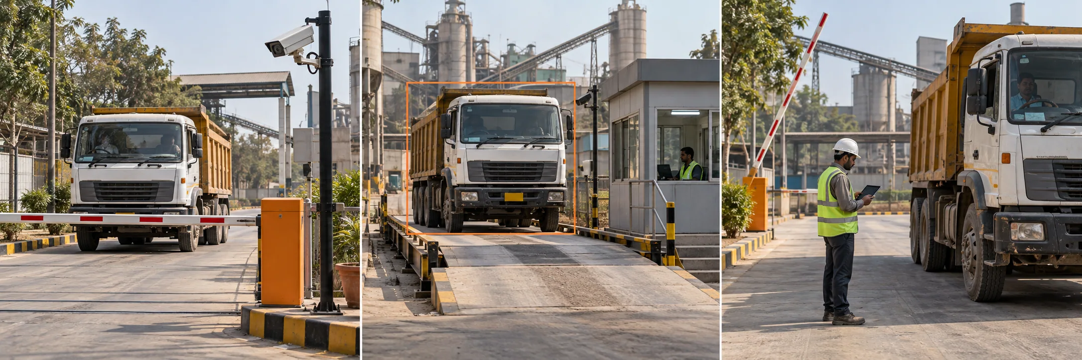 A goods truck approaching an industrial gate with a mounted camera.