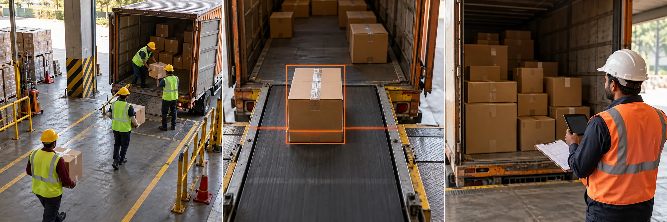 Warehouse workers carrying cartons towards an open parked truck at a loading dock.