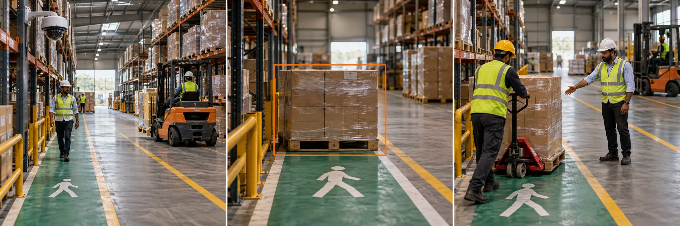 Warehouse racks, marked pedestrian routes and a forklift in a separate lane.